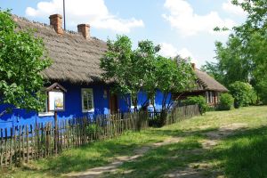 widok na chałupy przy drodze przez ulicówkę